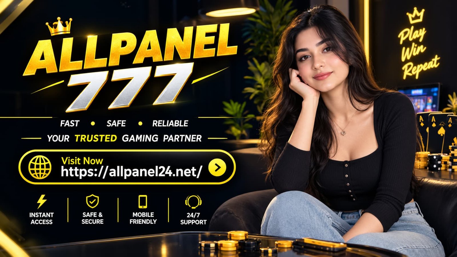 AllPanel777 promotional banner featuring a woman in a black top and blue jeans, with gold gaming-themed graphics and the website allpanel24.net.